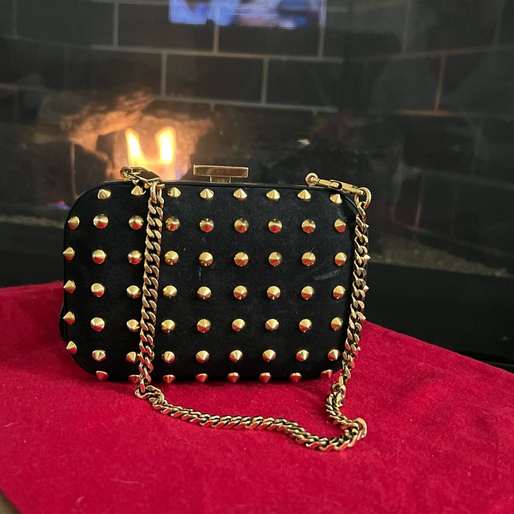 Gucci Black Suede Gold Studded Chain Link Mini Box Clutch -  Retail $2995.00
